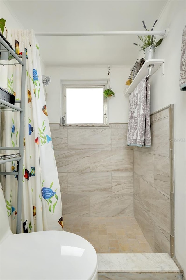 bathroom with a shower with shower curtain