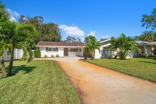 single story home with a front lawn