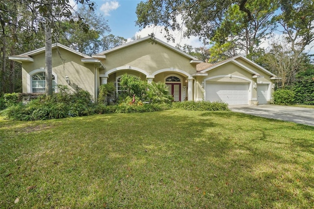 ranch-style house with a front yard and a garage