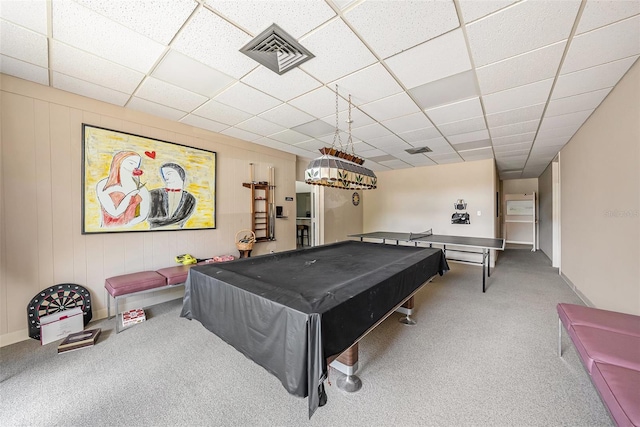 recreation room with a paneled ceiling, carpet flooring, and billiards