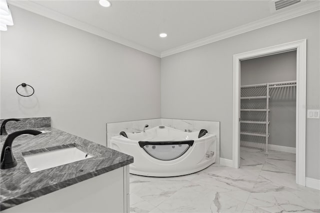 211 Dolphin Pt Unit 202, Clearwater Beach, FL 33767 - laundry area with light marble finish flooring, crown molding, recessed lighting, and baseboards