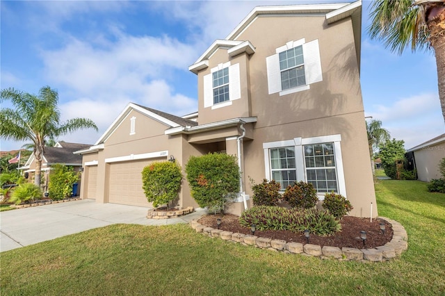 traditional-style home with a garage, stucco siding, concrete driveway, and a front lawn