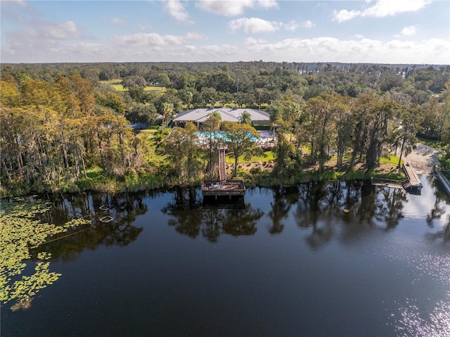 drone / aerial view featuring a view of trees and a water view