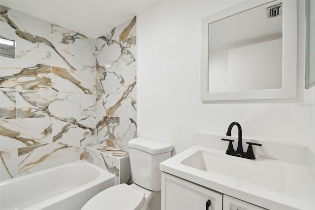 full bathroom with vanity, toilet, and washtub / shower combination