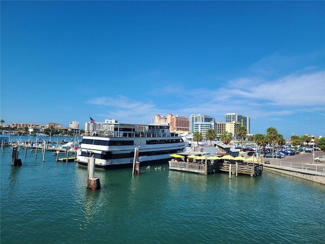 view of dock with a water view