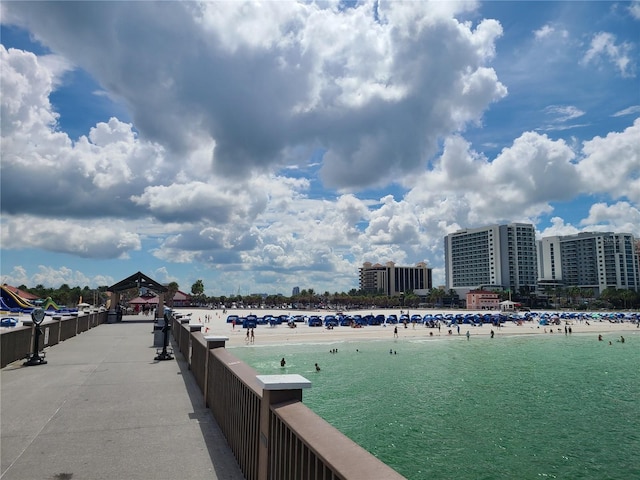 water view with a gazebo and a view of the beach