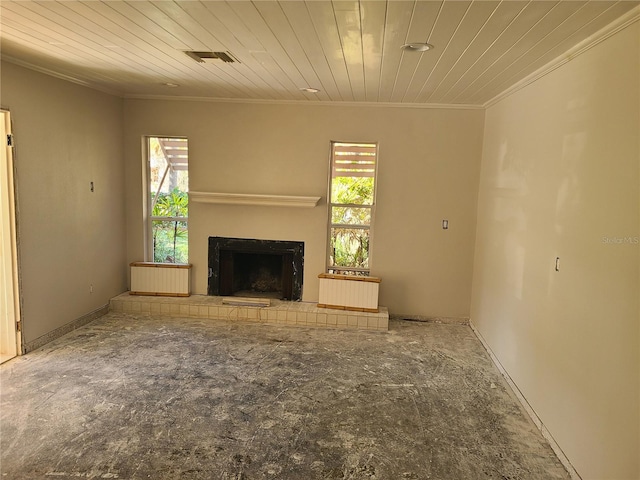 unfurnished living room with wooden ceiling and crown molding