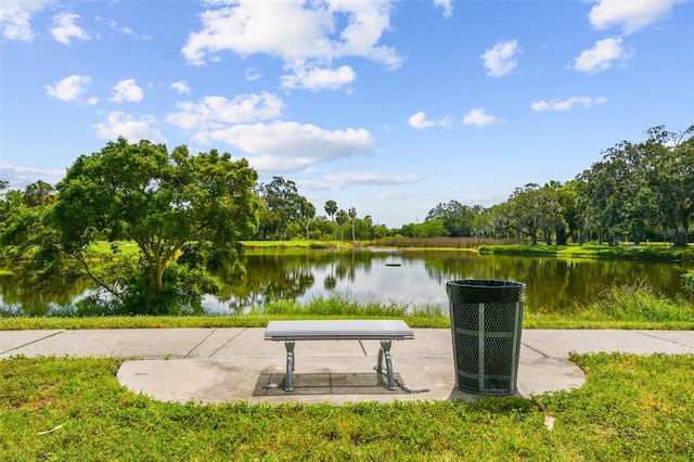 view of community with a water view