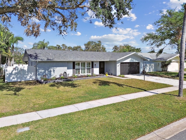 ranch-style home featuring a garage and a front yard