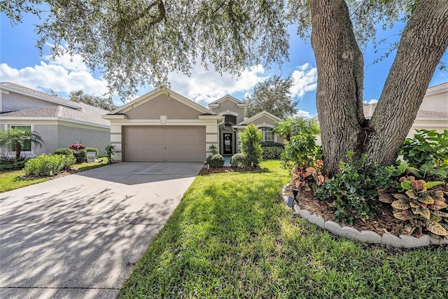 single story home with a front yard and a garage