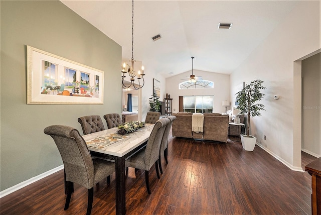 dining room featuring lofted ceiling, dark hardwood / wood-style floors, and ceiling fan with notable chandelier