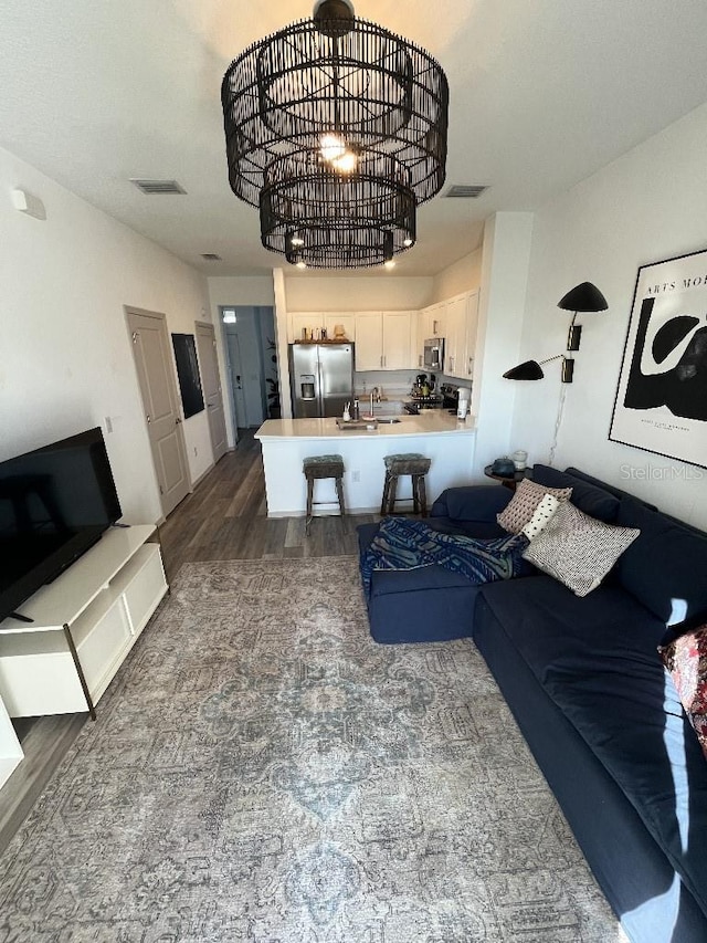 living room featuring dark hardwood / wood-style flooring and sink