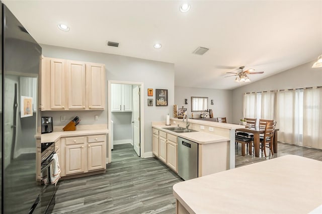 kitchen featuring ceiling fan, appliances with stainless steel finishes, vaulted ceiling, dark wood-type flooring, and sink