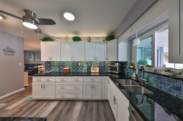 kitchen with white cabinets, tasteful backsplash, dark stone countertops, dark hardwood / wood-style floors, and sink