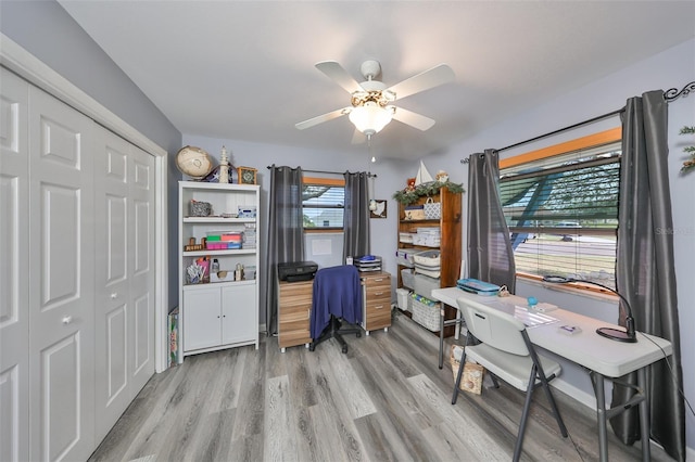 office space featuring ceiling fan and light hardwood / wood-style flooring