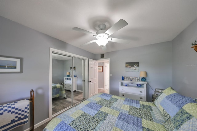 bedroom featuring a closet, ceiling fan, and hardwood / wood-style floors