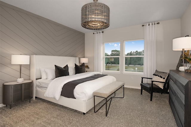 carpeted bedroom featuring vaulted ceiling, an inviting chandelier, and wood walls