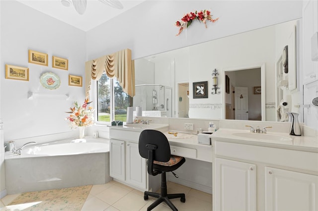 bathroom featuring vanity, tile patterned flooring, and plus walk in shower