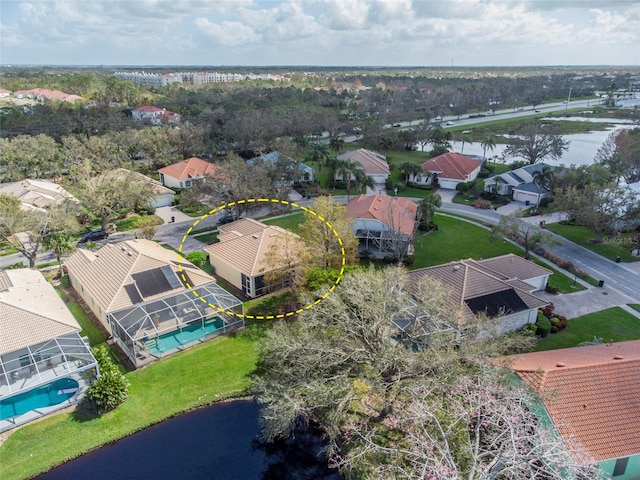 drone / aerial view featuring a water view