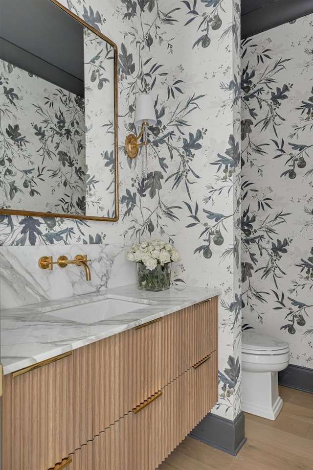 bathroom with vanity, toilet, and hardwood / wood-style floors