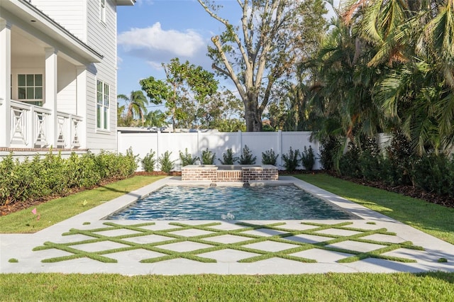 view of swimming pool featuring a patio and pool water feature