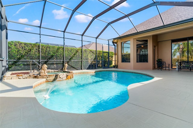 view of swimming pool with a patio, a mountain view, a lanai, and pool water feature