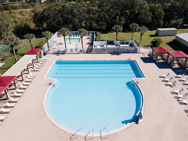 view of pool with a patio and a lawn