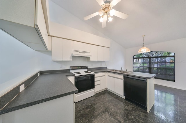 kitchen featuring sink, dishwasher, white electric stove, kitchen peninsula, and white cabinets