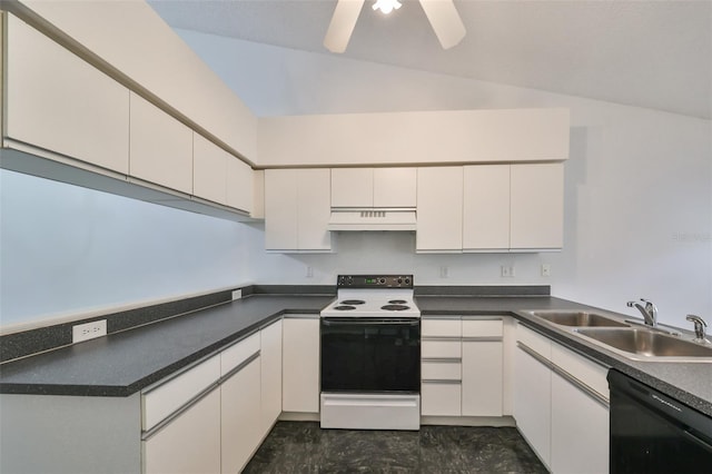 kitchen with dishwasher, white cabinets, electric stove, sink, and ceiling fan