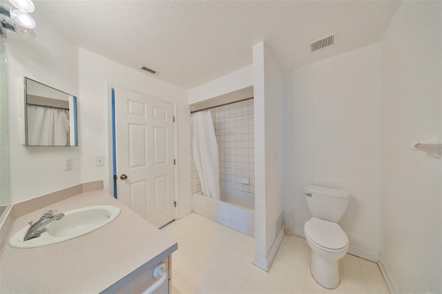 full bathroom featuring vanity, shower / bath combination with curtain, a textured ceiling, and toilet