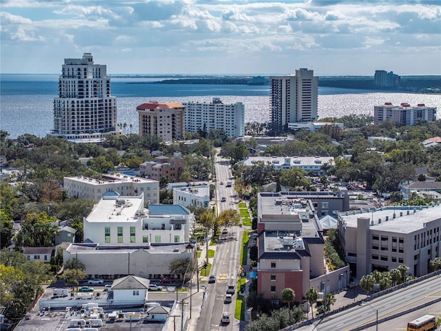 birds eye view of property featuring a water view