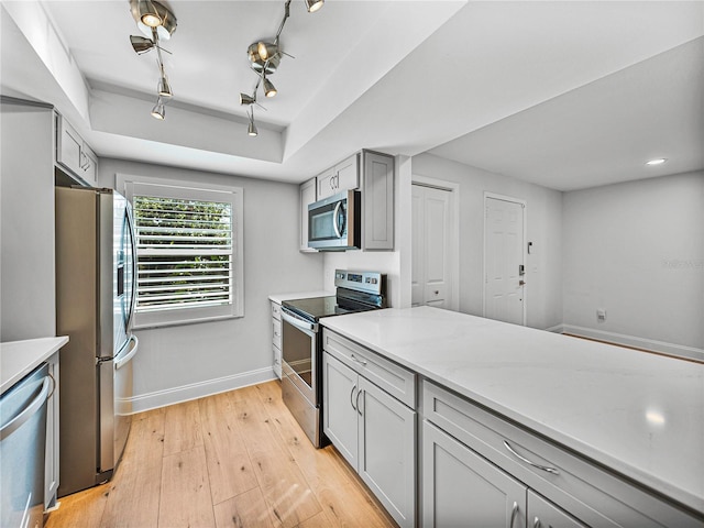 kitchen featuring gray cabinetry, light wood-type flooring, and stainless steel appliances