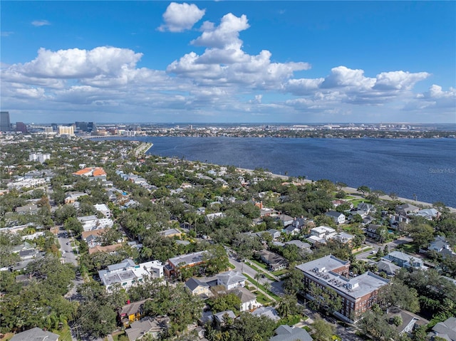 drone / aerial view with a water view