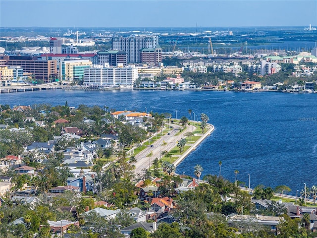 drone / aerial view featuring a water view