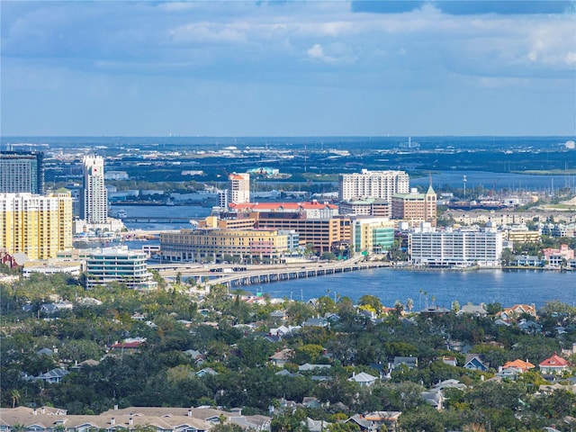 birds eye view of property featuring a water view