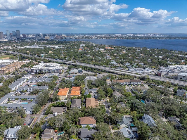 birds eye view of property featuring a water view