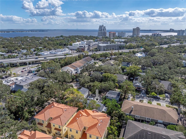 drone / aerial view with a water view