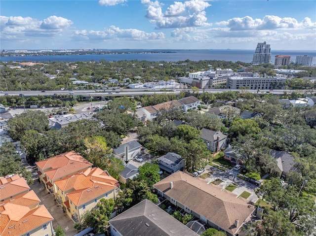 bird's eye view with a water view