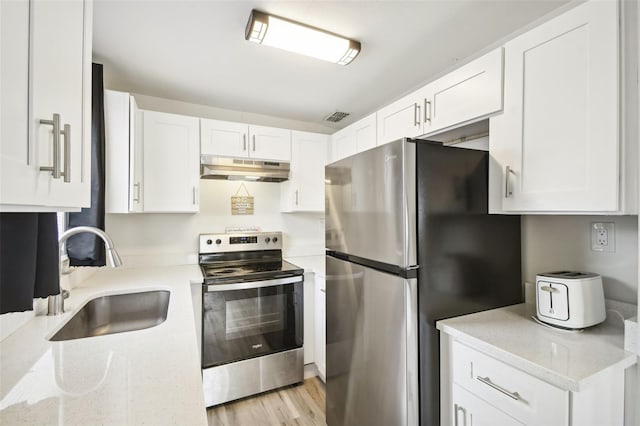 kitchen with white cabinetry, light stone countertops, light wood-type flooring, sink, and stainless steel appliances