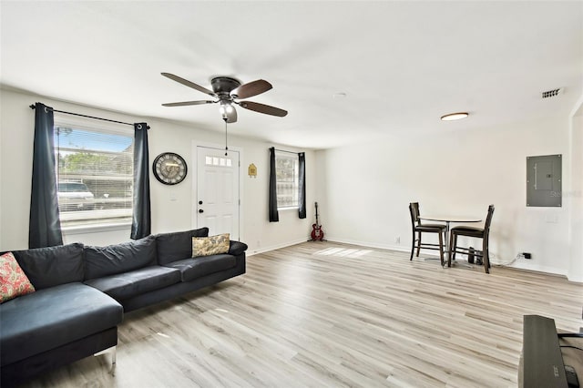 living room with electric panel, light wood-type flooring, and ceiling fan