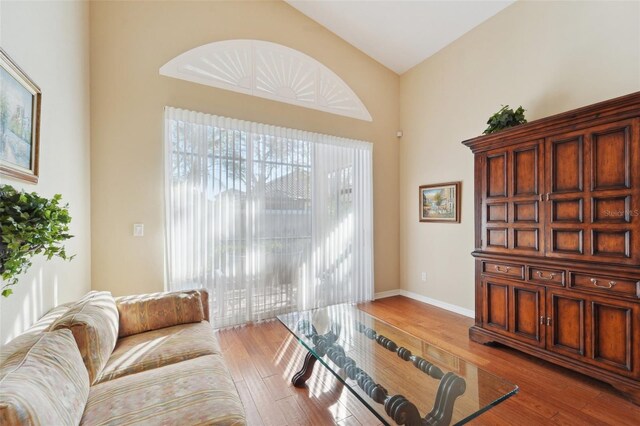 living room with lofted ceiling and light hardwood / wood-style flooring