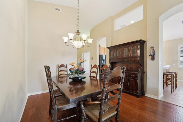 dining room featuring dark wood-type flooring and a chandelier