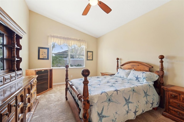 carpeted bedroom featuring ceiling fan, wine cooler, and lofted ceiling