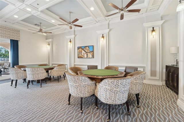 carpeted dining area featuring beam ceiling, coffered ceiling, and crown molding