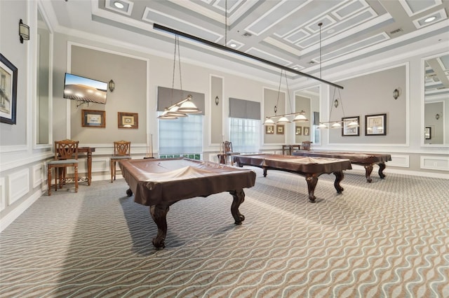 game room with ornamental molding, carpet, and a high ceiling