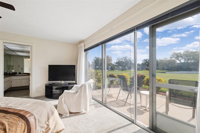 carpeted bedroom featuring access to outside and a textured ceiling