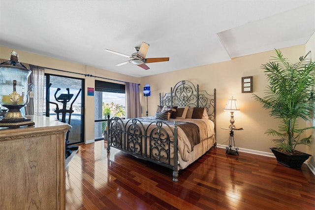 bedroom with ceiling fan, access to exterior, and dark wood-type flooring