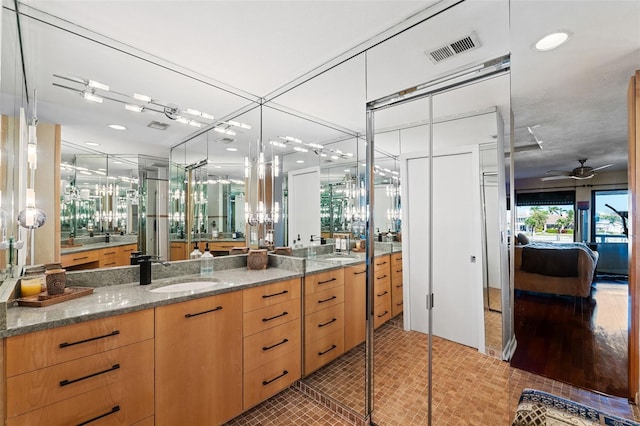 bathroom featuring ceiling fan, hardwood / wood-style floors, and vanity