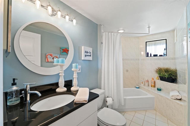 full bathroom with tile patterned flooring, vanity, toilet, and shower / bathtub combination with curtain