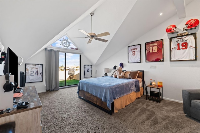 carpeted bedroom with beam ceiling, access to exterior, ceiling fan, and high vaulted ceiling